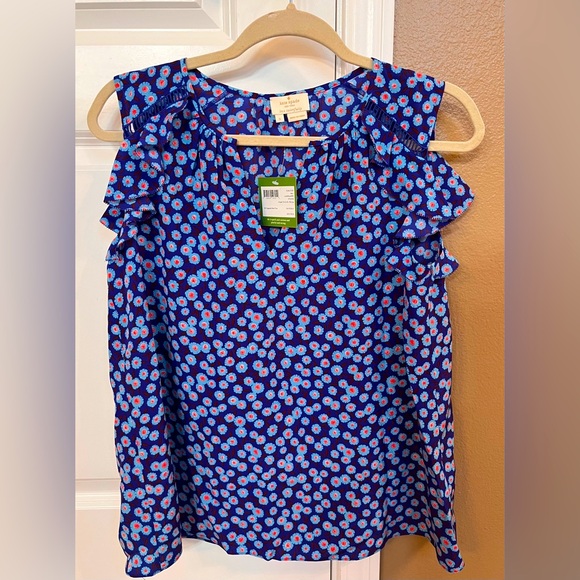 Kate Spade Tops - Kate Spade sleeveless silk blouse, S. Blue patterned, ruffles, NWT